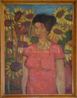 Sztojka jelzéssel: Piros ruhás hölgy, olaj-farost, keretben 40x51cm