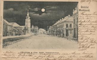 Munkács main street, Catholic church at night (wet damage)