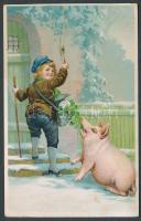 Postman, pig greeting card litho