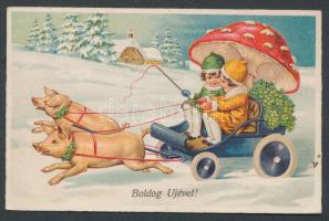 New Year mushroom carriage litho