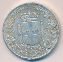 Olaszország 1878R. 5L Ag I.Umberto fém hamisítványa laminált fóliában T:2/2- Italy 1878R 5 Lire Ag "Umberto I" metal fake in laminated foil C:XF/VF