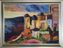 Schéner Mihály (1923-2009): Rodoszi vizit szamáron, olaj, karton, jelzett, keretben 50x70 cm (Nagyházi Eredetiség igazolással)