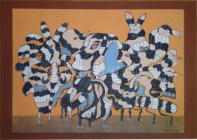 Sugár Gábor (1976) Bodnár István díjas festő: Társas magány. Akril, márványpapír, jelzett. 70x50 cm