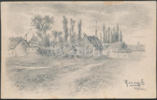 Maghy Zoltán (1903-1999): Ceruzarajz futott képeslap. 15x9 cm