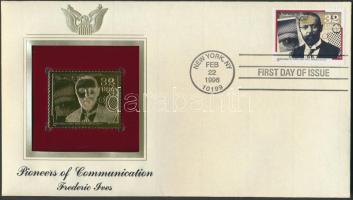 USA/New York 1996. "A Kommunikáció úttörői/Frederic Ives" aranyfóliás(22kt) bélyeg replika FDC borítékban, a megegyező bélyeggel,elsőnapi bélyegzővel és ismertetővel T:1 USA/New York 1996. "Pioneers of Communication/Frederic Ives" gold(22kt)foil stamp replica on First Day Issue envelop with the same stamp and information C:Unc