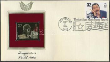 USA/New York 1996. "Dalszerzők/Harold Arlen" aranyfóliás(22kt) bélyeg replika FDC borítékban, a megegyező bélyeggel,elsőnapi bélyegzővel és ismertetővel T:1 USA/New York 1996. "Songwriters/Harold Arlen" gold(22kt)foil stamp replica on First Day Issue envelop with the same stamp and information C:Unc