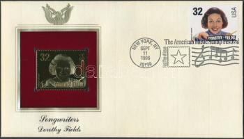 USA/New York 1996. "Dalszerzők/Dorothy Fields" aranyfóliás(22kt) bélyeg replika FDC borítékban, a megegyező bélyeggel,elsőnapi bélyegzővel és ismertetővel T:1 USA/New York 1996. "Songwriters/Dorothy Fields" gold(22kt)foil stamp replica on First Day Issue envelop with the same stamp and information C:Unc