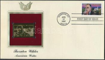 USA/Hamden 1997. "Thornton Wilder/Amerikai író" aranyfóliás(22kt) bélyeg replika FDC borítékban, a megegyező bélyeggel,elsőnapi bélyegzővel és ismertetővel T:1 USA/Hamden 1997. "Thornton Wilder/American writer" gold(22kt)foil stamp replica on First Day Issue envelop with the same stamp and information C:Unc