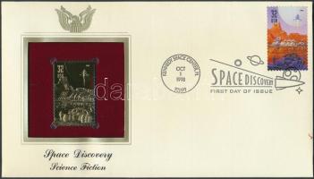 USA/Kennedy Space Center 1998. "Űrfelfedezés/Sci-fi" aranyfóliás(22kt) bélyeg replika FDC borítékban, a megegyező bélyeggel,elsőnapi bélyegzővel és ismertetővel T:1 USA/Kennedy Space Center 1998. "Space Discovery/Science Fiction" gold(22kt)foil stamp replica on First Day Issue envelop with the same stamp and information C:Unc