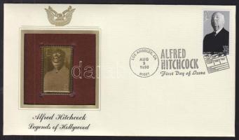 USA/Los Angeles 1998. "Alfred Hitchcock/Hollywood-i legendák" aranyfóliás(22kt) bélyeg replika FDC borítékban, a megegyező bélyeggel,elsőnapi bélyegzővel és ismertetővel T:1 USA/Los Angeles 1998. "Alfred Hitchcock/Legends of Hollywood" gold(22kt)foil stamp replica on First Day Issue envelop with the same stamp and information C:Unc