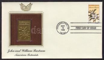 USA/Philadelphia 1999. "John és William Bartram/Amerikai botanikusok" aranyfóliás(22kt) bélyeg replika FDC borítékban, a megegyező bélyeggel,elsőnapi bélyegzővel és ismertetővel T:1 USA/Philadelphia 1999. "John and William Bartram/American Botanists" gold(22kt)foil stamp replica on First Day Issue envelop with the same stamp and information C:Unc