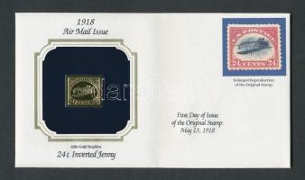 USA/Washington "Fordított Jenny- 22K aranyfóliás bélyeg replika borítékban angol nyelvű tájékoztatóval T:1  USA/Washinton "Inverted Jenny-22K gold foil stamp replica in envelop with information C:Unc