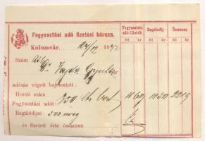 1892 Kolozsvár Fogyasztási adó fizetési bárca 500 üveg után T: 3