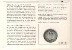 NSZK 1989. 10M Ag "40 éves az NSZK" érmés, bélyeges borítékon elsőnapi bélyegzővel, hátold...