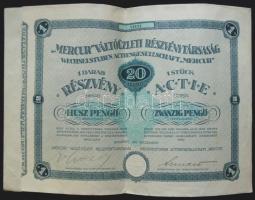 1926. "Mercur Váltóüzleti Részvénytársaság" részvénye 20P-ről, magyar és német nyelven szelvényekkel
