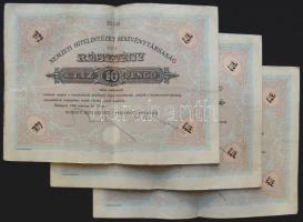 1926. "Nemzeti Hitelintézet Részvénytársaság" részvénye 10P-ről, (3x) egymás utáni sorszámmal, szelvényekkel
