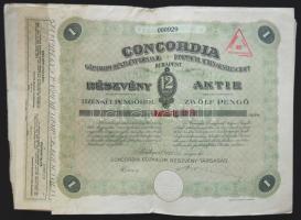 1927. "Concordia Gőzmalom Részvénytársaság" részvénye 12P-ről, magyar és német nyelven, szelvényekkel és "Elővételi Jog Gyakoroltatott" pecséttel