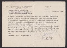 1967 Ortutay Gyula saját kézzel aláírt levele