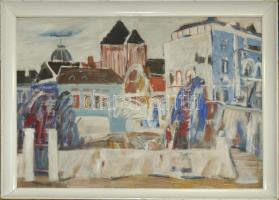 Vadász Endre (1901-1944): Tér szökőkúttal. Olaj, furnér. Jelzett 80x60 cm