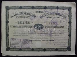 1906. "Beocsini Cementgyári Unio Részvénytársaság" részvénye 200K-ról, magyar és német nyelven, szelvényekkel, elővételi jog gyakorlásáról szóló pecsétekkel
