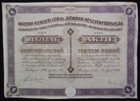 Budapest 1926. Magyar Kender,-Len-és Jutaipar Részvénytársaság részvénye 40P-ről szelvényekkel