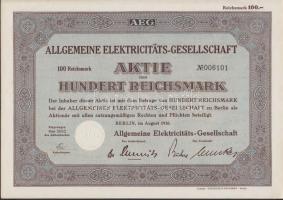 Német 3. Birodalom/Berlin 1936. "Allgemeine Elektricitäts-Gesellschaft" AEG részvénye 100M-ról German Third Reich/Berlin 1936. "Allgemeine Elektricitäts-Gesellschaft" AEG share about 100 Mark