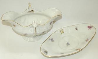 Apró virágokkal díszített jelzett Hans & Czjzek porcelán leveses, 2db kínáló és egy szószos tál ...