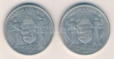1930. 5P Ag "Horthy jobbra" (2x) T:3