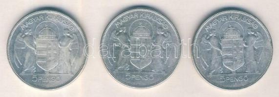 1930. 5P Ag "Horthy jobbra" (3x) T:3