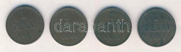 Finnország/orosz fennhatóság 1909-1916. 1p (4x) mind klf évszámmal T:2 Finland/Grand Duchy 1909-1916. 1 Penni (4x) different years C:XF