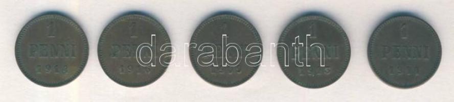 Finnország/orosz fennhatóság 1909-1916. 1p (5x) mind klf évszámmal T:2 Finland/Grand Duchy 1909-1916. 1 Penni (5x) different years C:XF