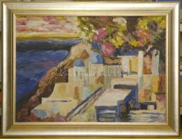 Schéner Mihály (1923-2009): Mediterrán városka, olaj, farost, jelzett, keretben 50x70 cm (Nagyházi Eredetiség igazolással)