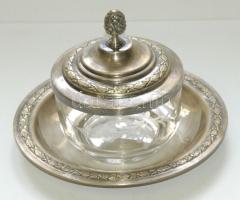 Ezüstözött cukorkás üvegtál fém tányérral