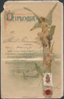 1896 Névre szóló diploma az ezredéves országos kiállítás látogatójának (sérült). Litho Basch Árpád. 13x20 cm