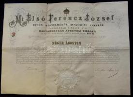 1881 Magyar nyelvű kinevezési okirat és adománylevél Néger Ágoston részére kerci címzetes apátnak Ferenc József király és Trefort Ágoston közoktatási és vallásügyi miniszter saját kezű aláírásával és királyi szárazpecséttel / Benefaction letter with autograph signature of Emperor Franz Joseph and minister Agoston Trefort 56x41 cm