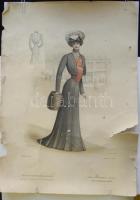 cca 1900 2 db Párizsi kőnyomatos divatkép hibákkal  / 2 faulty Litho fashion pictures 30x45 cm