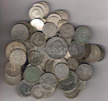 1,75kg ezüstpénz hagyaték tétel, régi és új, egész világ magyarral, benne nagyon sok jobbal, többek között Szt. István 5P (4x), Horthy 5P (3x), Petőfi 5Ft, Széchenyi 10Ft (4x), Liszt 2P (2x), Rákóczi 2P, igen sok 1K, jobb osztrák (5,10,25,50Sch,Gulden 4x), régi 20Kr (5x), "Sisi" 2G füllel, M.Theresia Th újveret (3x), D.Reich, NSZK, fr. Indochine, USA és még sok más! T:1,2,3,4 ph., ütés, karc, fül