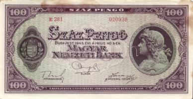 1945. 100P (3x) egymás utáni sorszámmal T:hajtatlanok, csak a széleken égési nyomok (II-)