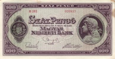 1945. 100P (3x) egymás utáni sorszámmal T:hajtatlanok, csak a széleken égési nyomok (II-)