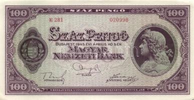 1945. 100P (4x) egymás utáni sorszámmal T:II+(hajtatlanok, csak a sarkok szamárfülesek kissé)