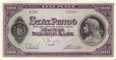 1945. 100P (4x) egymás utáni sorszámmal T:II+(hajtatlanok, csak a sarkok szamárfülesek kissé)