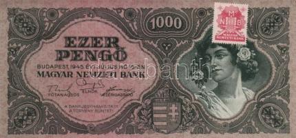 1945. 1000P bélyeggel (3x) egymás utáni sorszámmal T:I-(apró saroktörés)