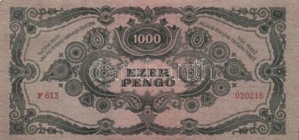 1945. 1000P bélyeggel (3x) egymás utáni sorszámmal T:I-(apró saroktörés)