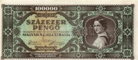 1945. 100.000P (3x) eltolódott nyomattal,egyugrású és közeli sorszámmal T:I-