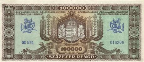 1945. 100.000P (3x) eltolódott nyomattal,egyugrású és közeli sorszámmal T:I-