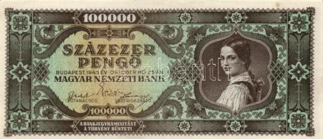 1945. 100.000P (3x) eltolódott nyomattal,egyugrású és közeli sorszámmal T:I-
