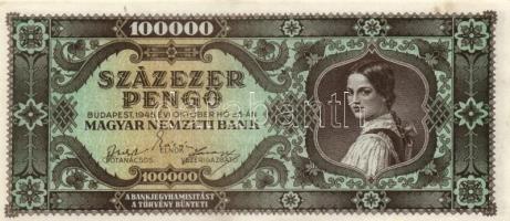 1945. 100.000P (3x) eltolódott nyomattal,egyugrású és közeli sorszámmal T:I-