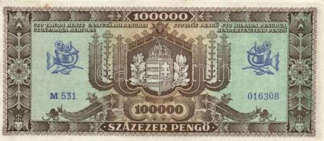 1945. 100.000P (3x) eltolódott nyomattal,egyugrású és közeli sorszámmal T:I-