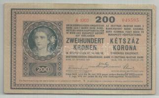 1918. 200K "A 1003" sima hátlappal és a hátlapon lila "Magyar Állampénztár Debrecen 1919" felülbélyegzéssel T:III