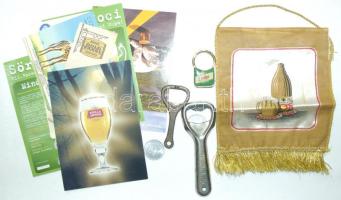 Kis sörös tétel: sörnyitók, kulcstartó, címkék, zászló, kártyanaptár, szórólapok